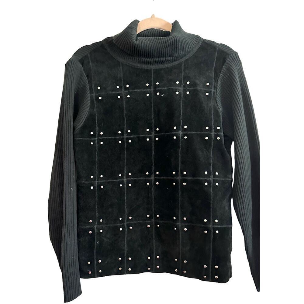 Vintage ESCAPADE Black Suede Rivet Ribbed Turtleneck Sweater Top - Medium